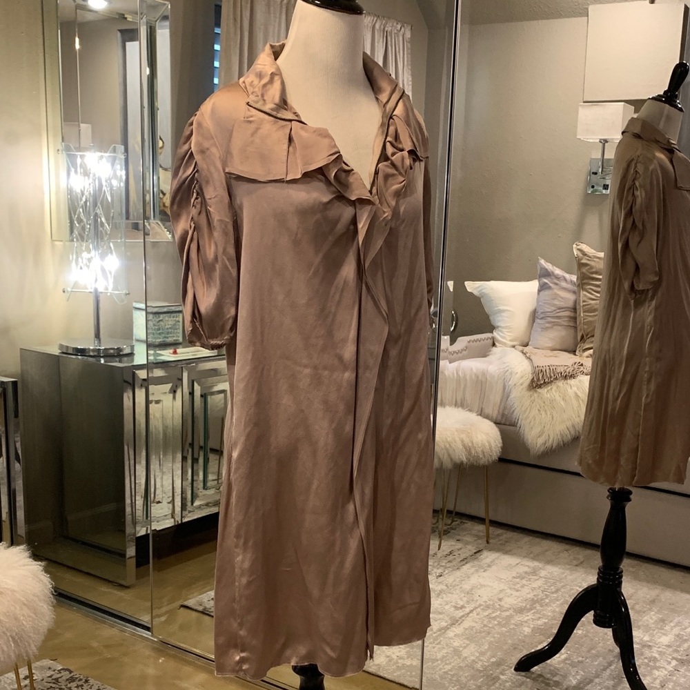 Gold Hawk silk shirt dress.